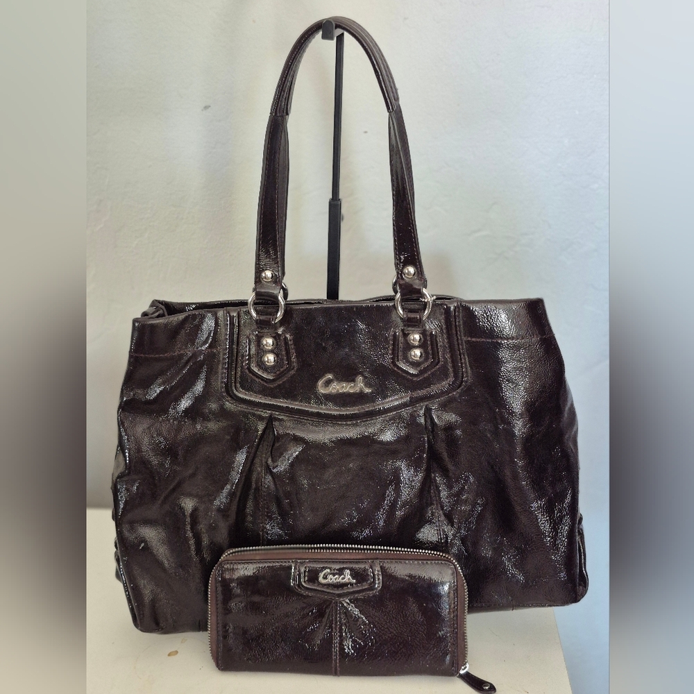 Coach Dark Brown Leather Tote and Wallet Set